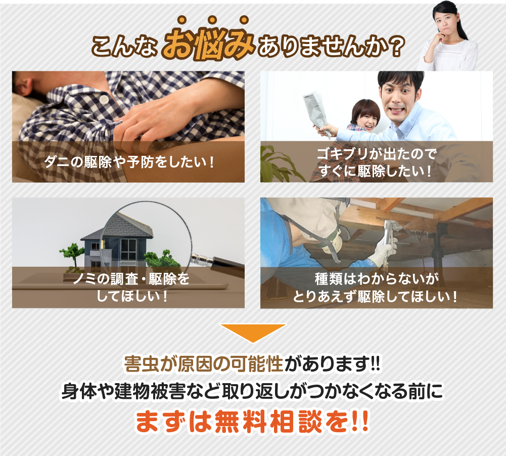 こんなお悩みありませんか?害虫が原因の可能性があります!!身体や建物被害など取り返しがつかなくなる前にまずは無料相談を!!
